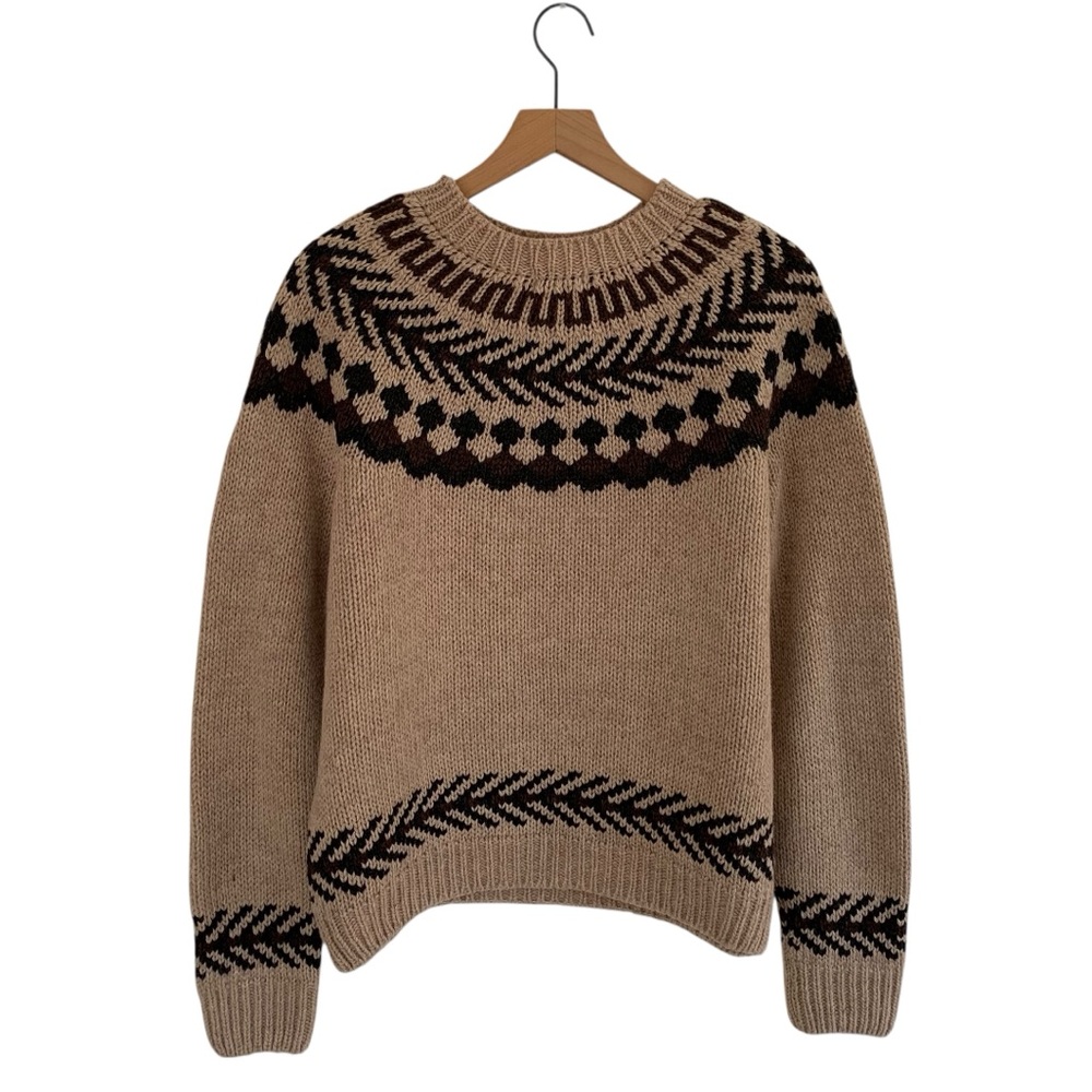 Y2K Free People Tan & Black Wool Blend Fair Isle Yoke Oversized Crewneck Sweater - Picture 2 of 8